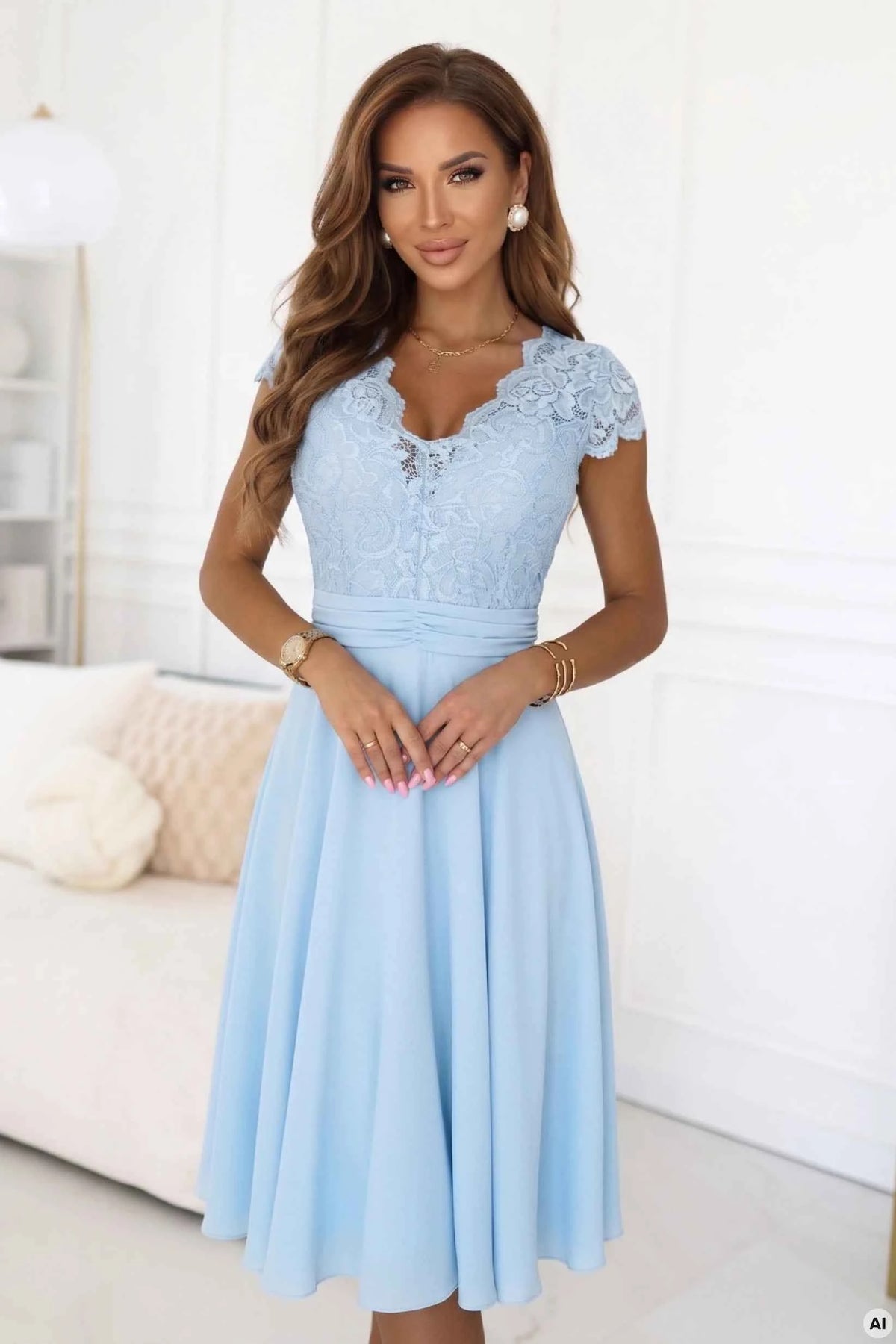 381-8 LINDA rochie lejera din sifon cu decolteu din dantela - albastra