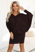 402-9 Rochie confortabilă cu aripi de liliac și mâneci lungi - ciocolatiu