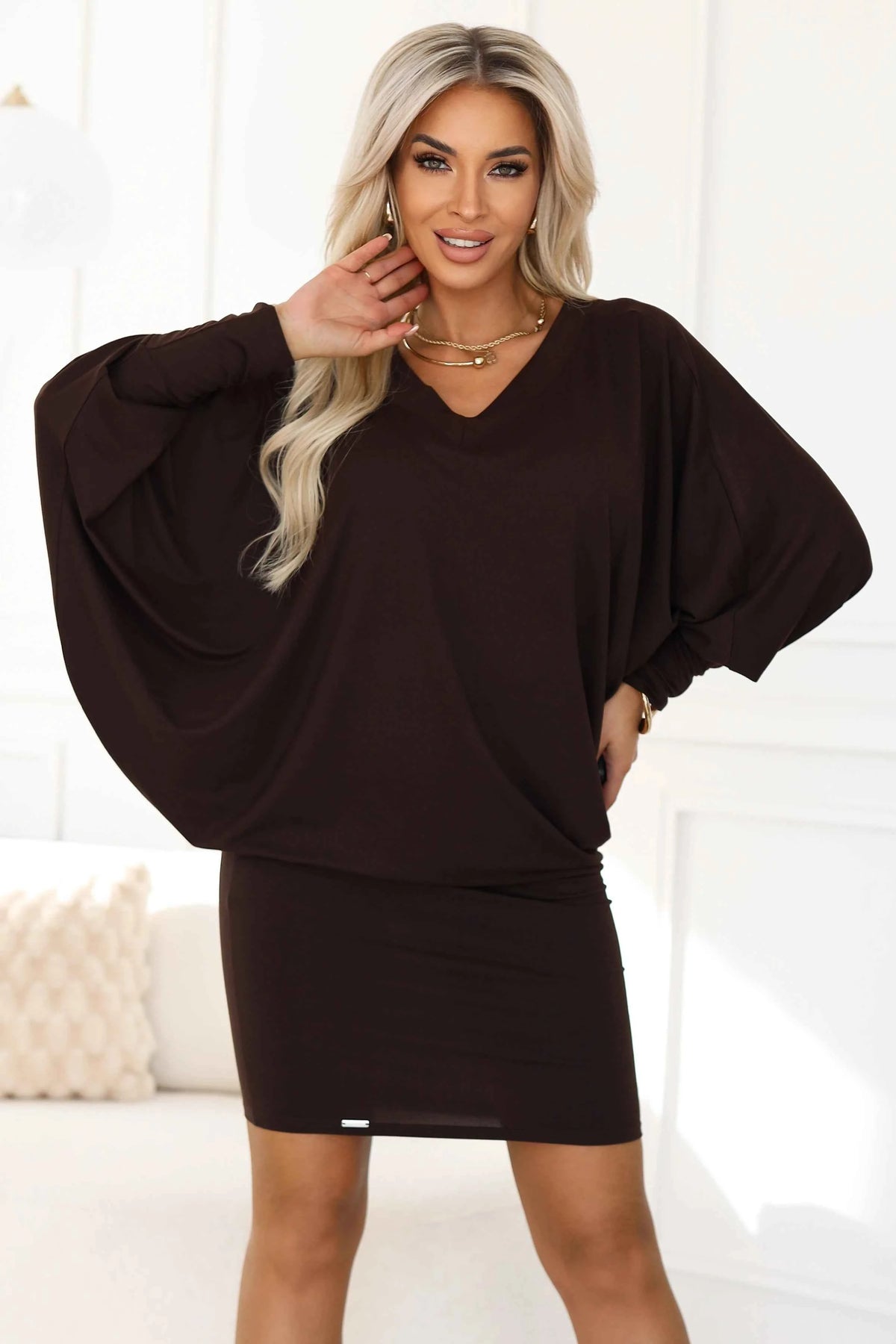 402-9 Rochie confortabilă cu aripi de liliac și mâneci lungi - ciocolatiu
