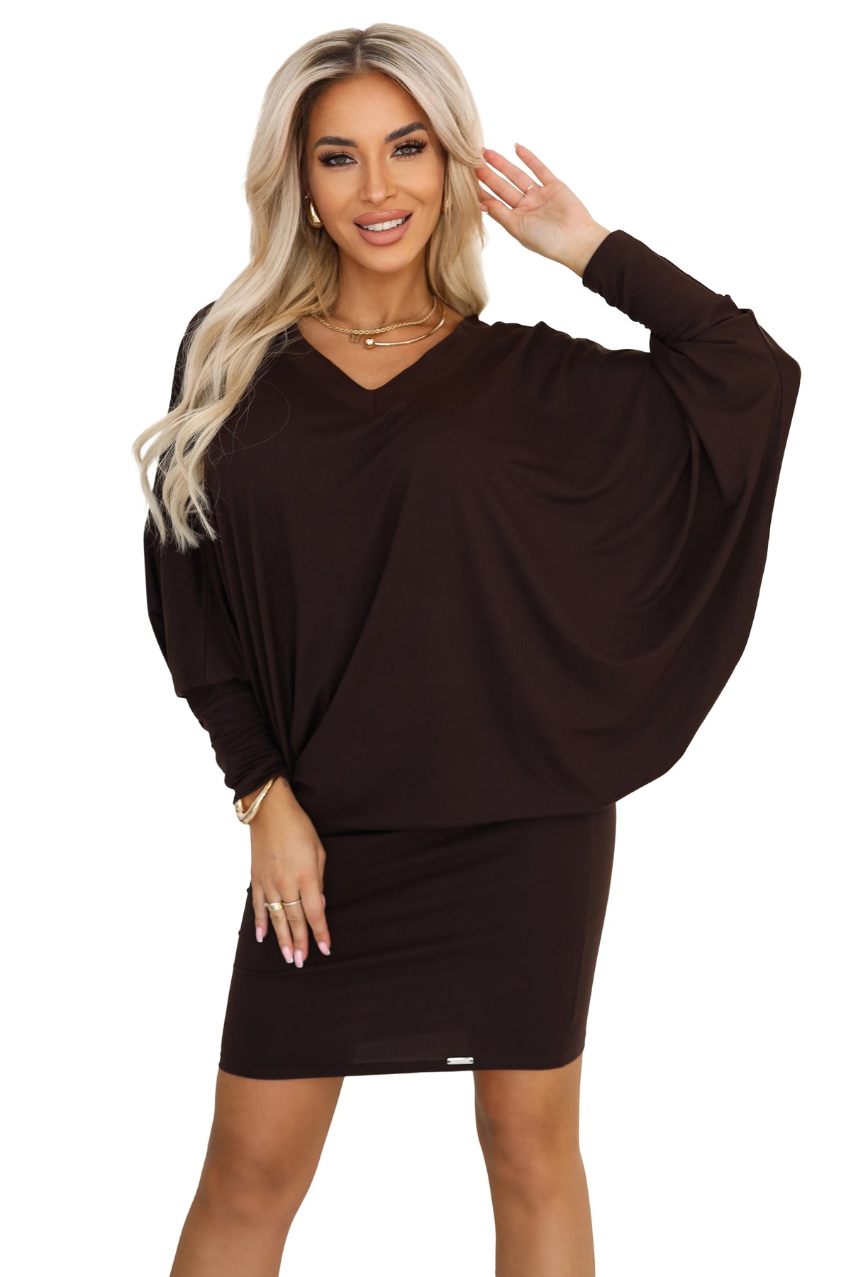 402-9 Rochie confortabilă cu aripi de liliac și mâneci lungi - ciocolatiu
