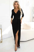 404-13 Rochie lungă elegantă cu decolteu înfășurat și crăpătură - neagră