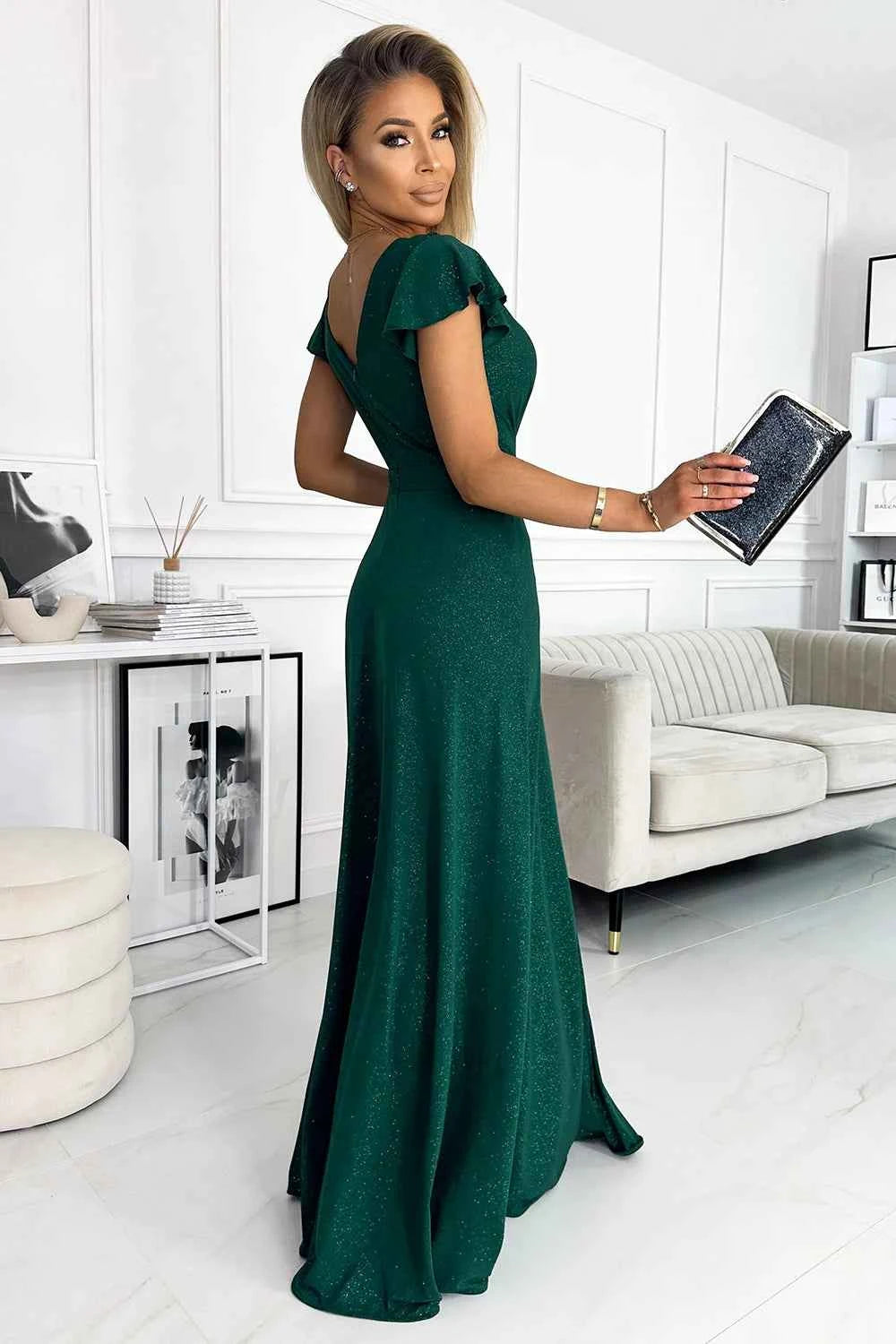 411-1 CRYSTAL rochie lungă strălucitoare cu decolteu - VERDE STICLĂ