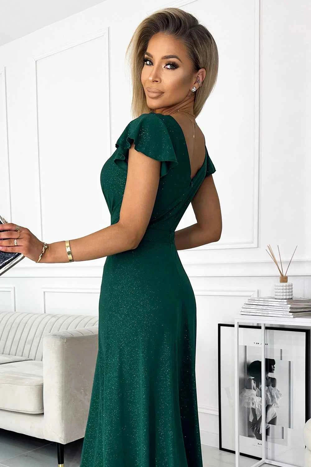 411-1 CRYSTAL rochie lungă strălucitoare cu decolteu - VERDE STICLĂ