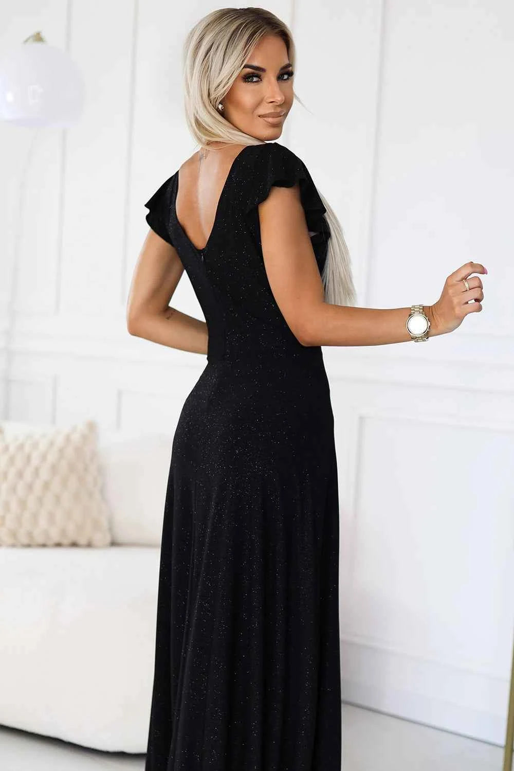 411-12 CRYSTAL rochie lungă strălucitoare cu decolteu - negru