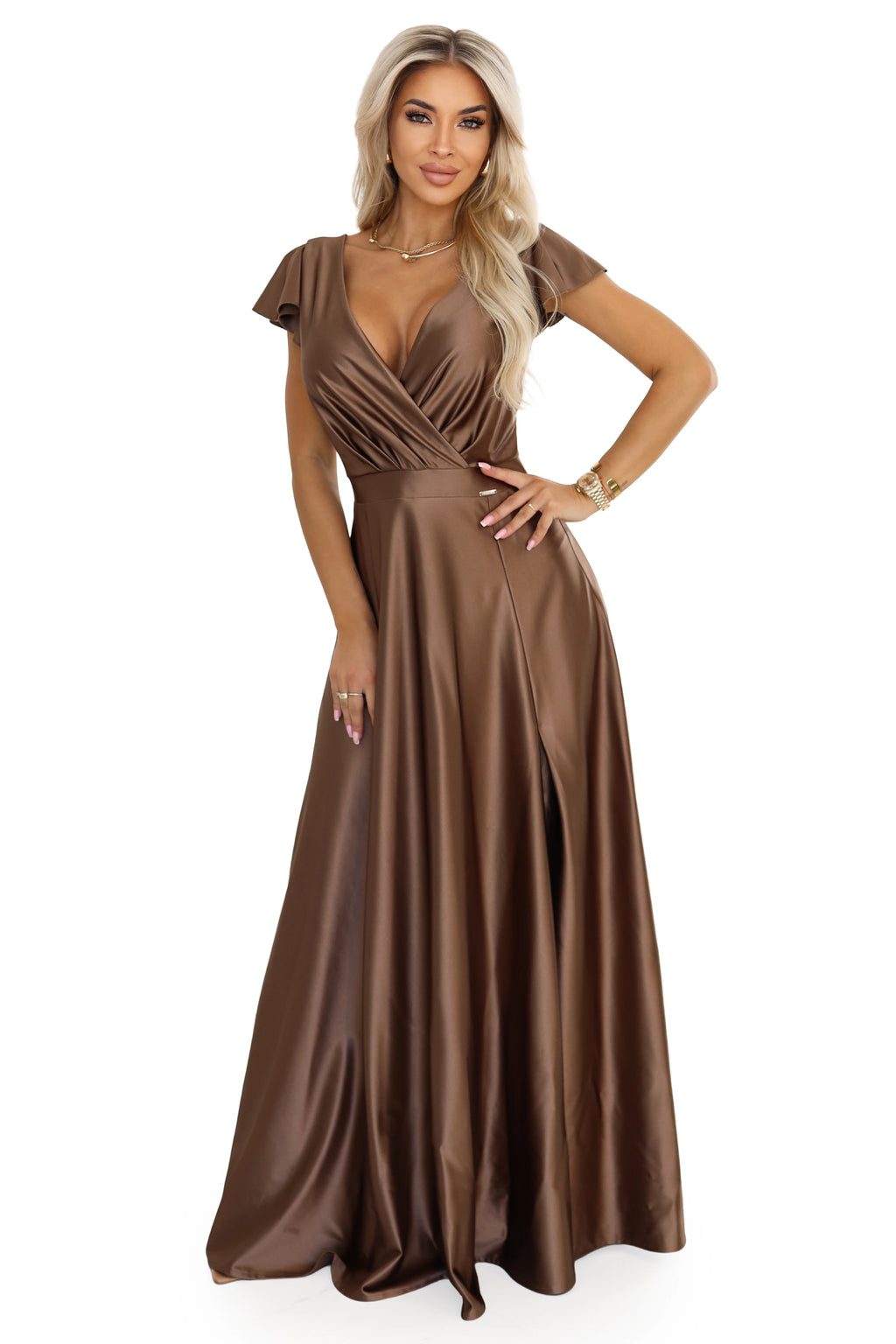 411-14 CRYSTAL Rochie lungă din satin cu decolteu - spumă mocha