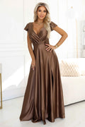 411-14 CRYSTAL Rochie lungă din satin cu decolteu - spumă mocha