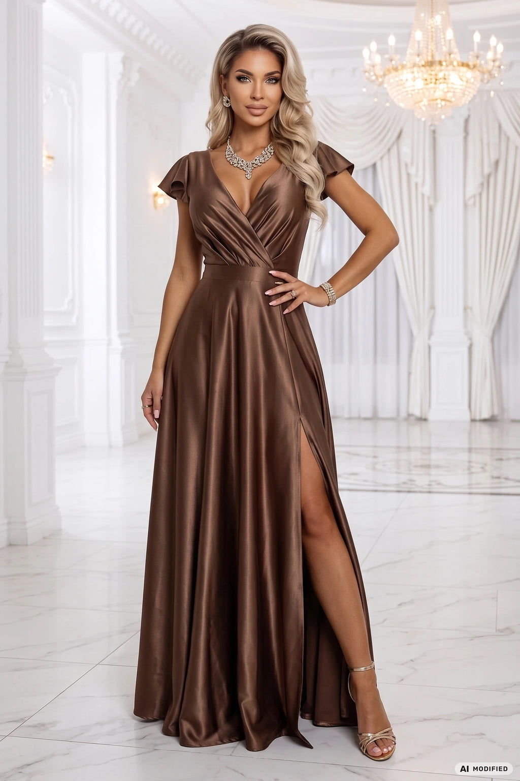 411-14 CRYSTAL Rochie lungă din satin cu decolteu - spumă mocha
