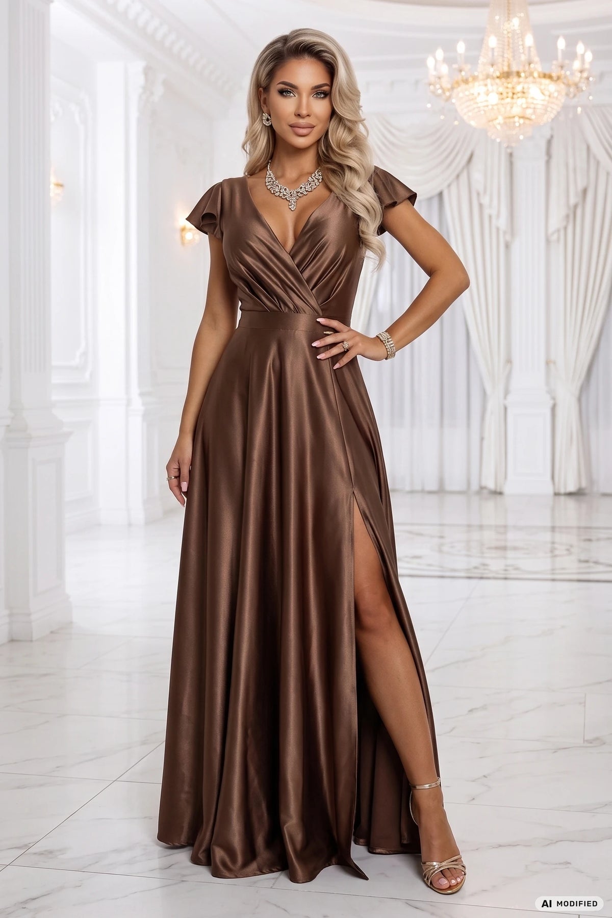 411-14 CRYSTAL Rochie lungă din satin cu decolteu - spumă mocha