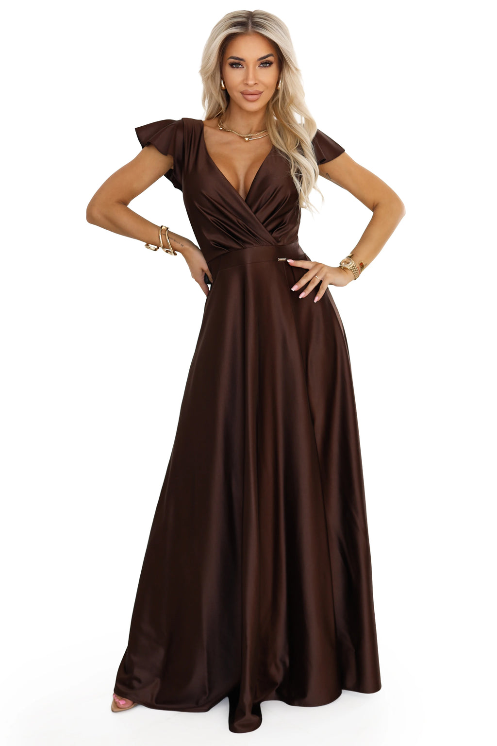 411-15 CRYSTAL Rochie lungă din satin cu decolteu - ciocolatiu