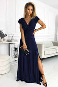 411-3 CRYSTAL rochie lungă strălucitoare cu decolteu - ALBASTRĂ NAVY
