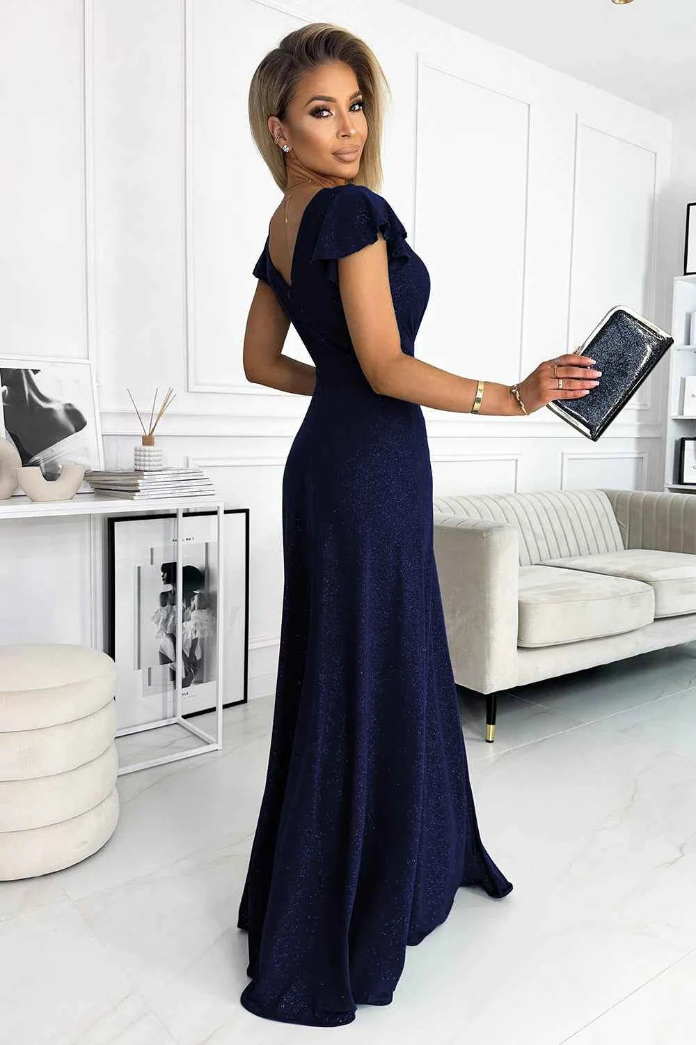 411-3 CRYSTAL rochie lungă strălucitoare cu decolteu - ALBASTRĂ NAVY