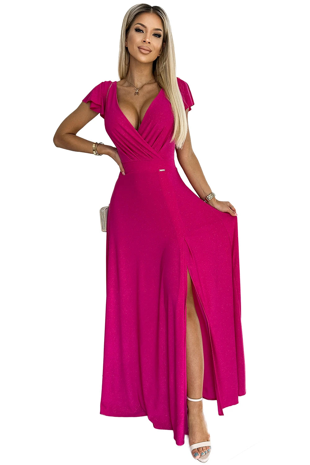 411-5 CRYSTAL rochie lungă strălucitoare cu decolteu - FUCSIA