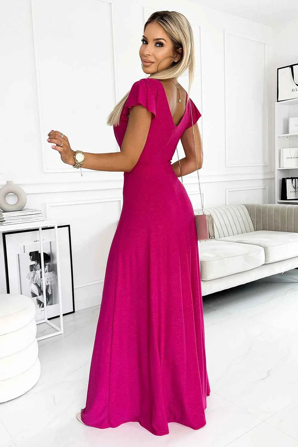 411-5 CRYSTAL rochie lungă strălucitoare cu decolteu - FUCSIA