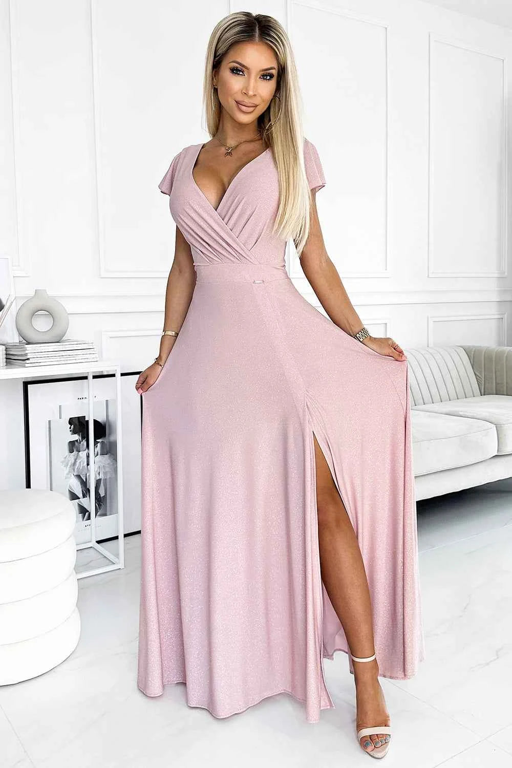 411-6 CRYSTAL rochie lungă strălucitoare cu decolteu - ROZ MURDAR