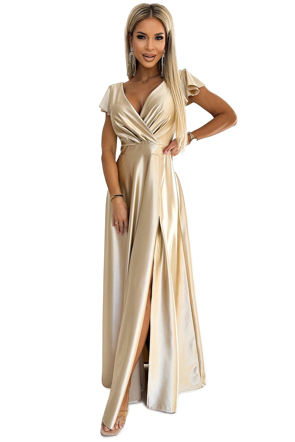 411-7 CRYSTAL rochie lungă satinată cu decolteu - AURIE