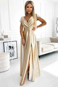 411-7 CRYSTAL rochie lungă satinată cu decolteu - AURIE