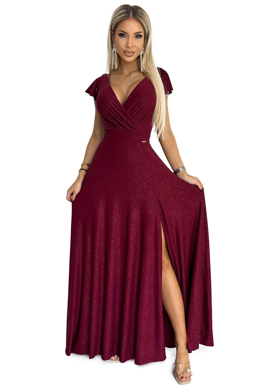 411-8 CRYSTAL rochie lungă strălucitoare cu decolteu - VISINIU