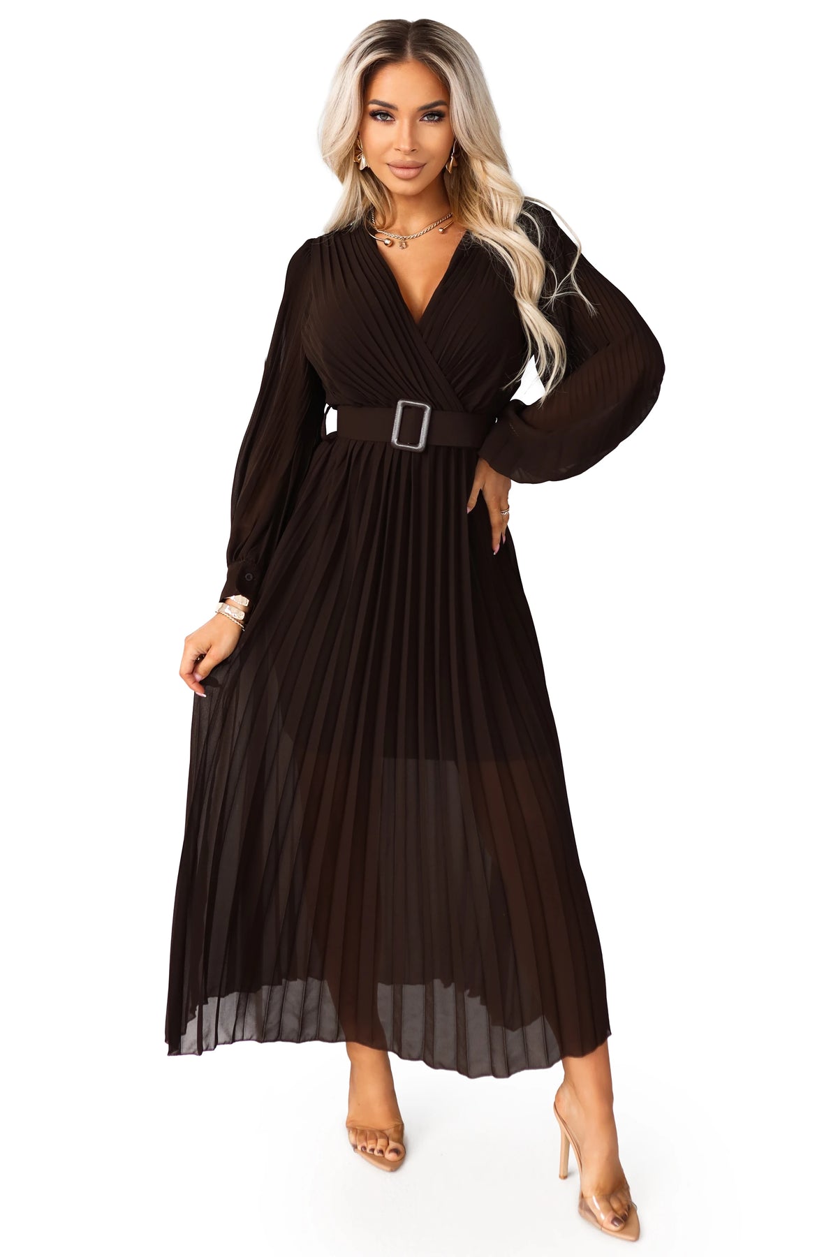 414-11 KLARA Rochie midi elegantă, plisată, cu curea și decolteu - ciocolatiu