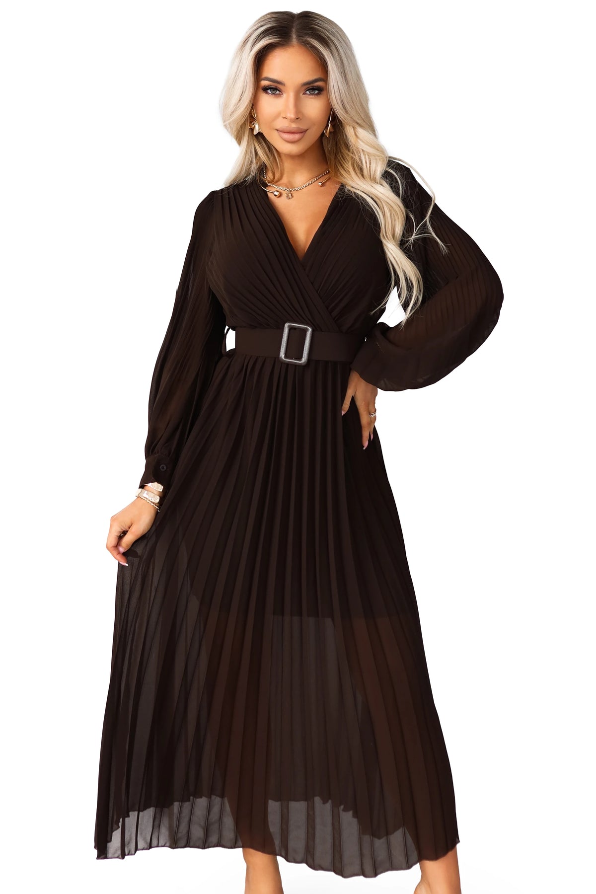 414-11 KLARA Rochie midi elegantă, plisată, cu curea și decolteu - ciocolatiu