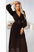 414-11 KLARA Rochie midi elegantă, plisată, cu curea și decolteu - ciocolatiu
