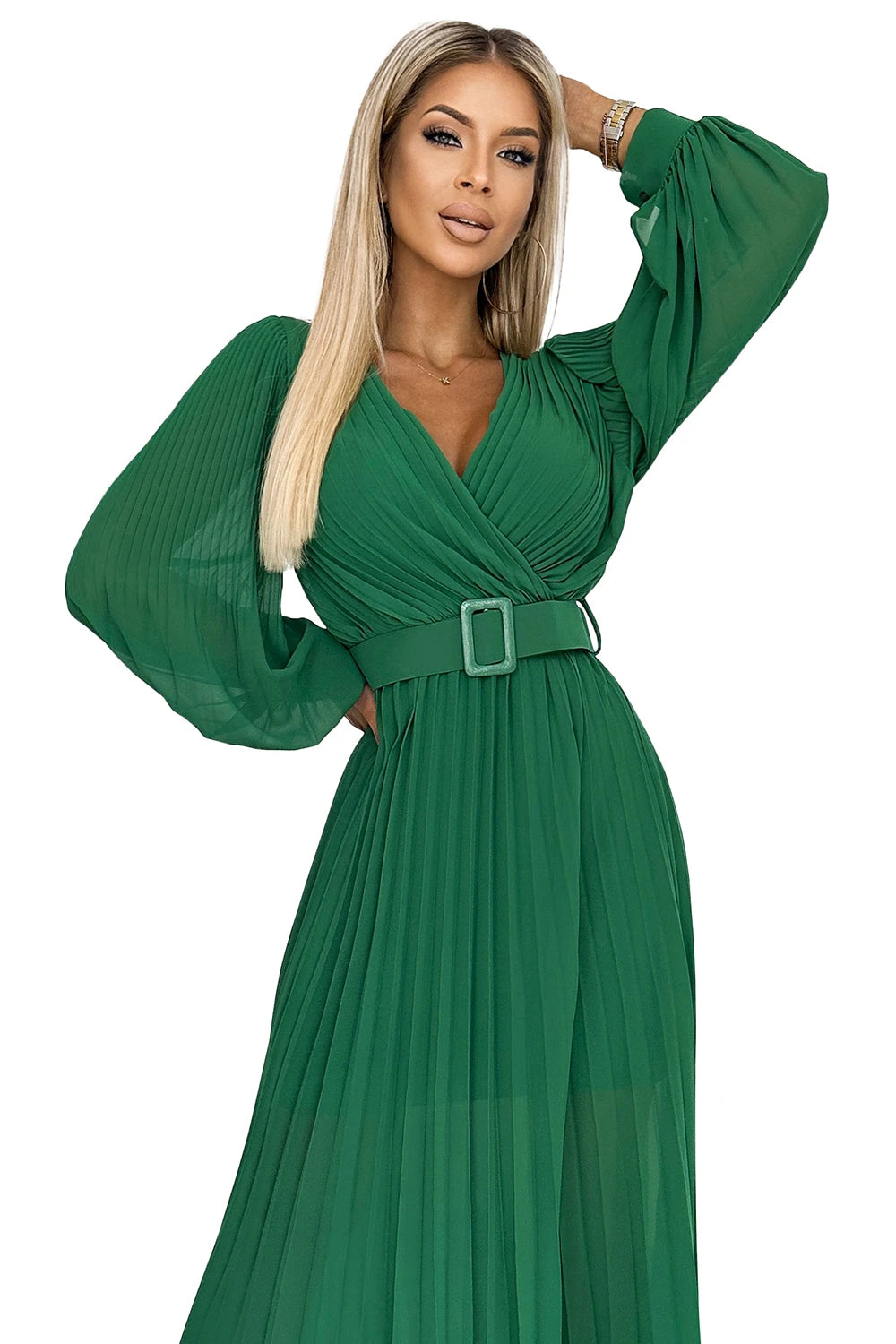 414-3 KLARA rochie plisată cu centură și decolteu - VERDE DESCHIS