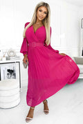 414-4 KLARA rochie plisată cu centură și decolteu - FUCSIA