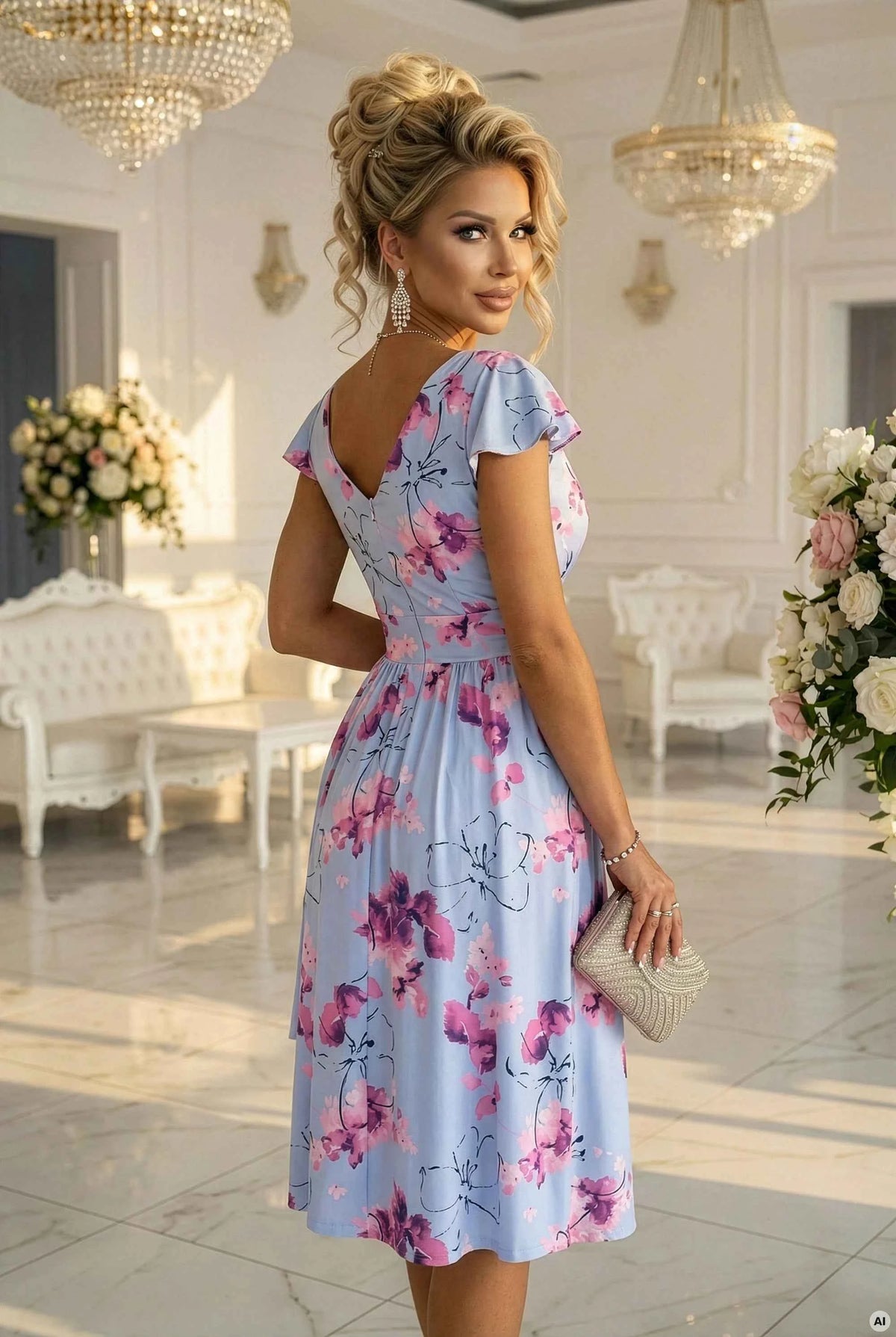 425-14 MATILDE Rochie midi evazată cu decolteu învelit și mânecă scurtă - albastră cu flori roz