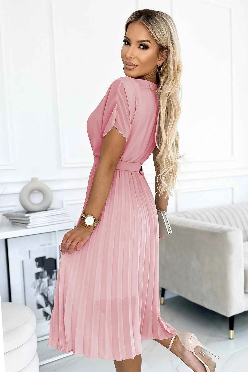 465-3 MIA Rochie midi plisată cu cordon lat - ROZ MURDAR