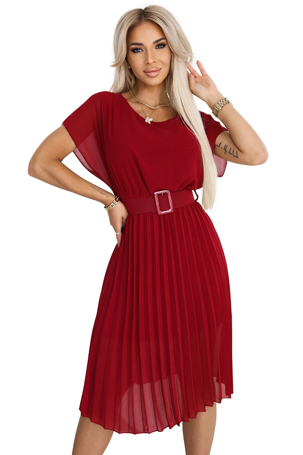 465-5 MIA Rochie midi din șifon plisat cu curea lată - Vișinie