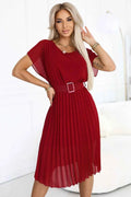 465-5 MIA Rochie midi din șifon plisat cu curea lată - Vișinie