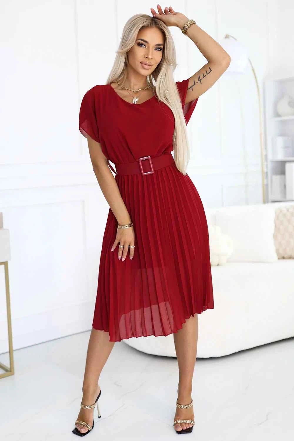 465-5 MIA Rochie midi din șifon plisat cu curea lată - Vișinie