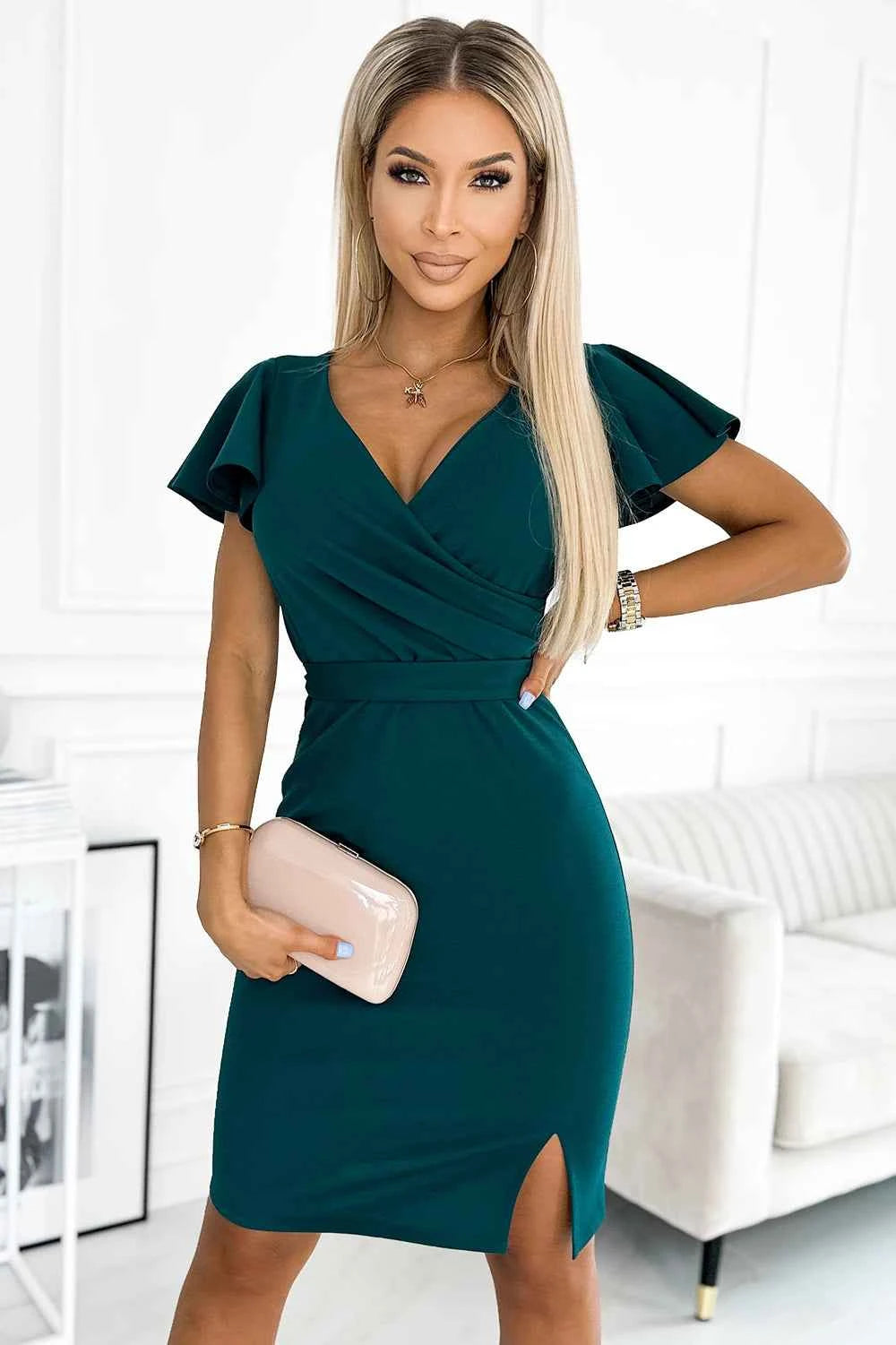 479-1 NINA rochie cu decolteu în V, mânecă scurtă și centură - VERDE STICLĂ