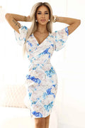 479-8 NINA rochie cu decolteu plic, maneci si curea - model floral albastru