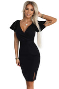 479-9 NINA rochie eleganta cu decolteu plic, maneci si curea - neagra
