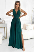 490-3 SUSAN Rochie lunga din brocart cu decolteu si cusaturi in talie - verde
