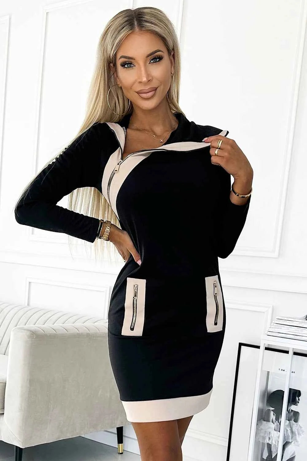 497-1 Rochie bicolore cu trei fermoare - negru-bej