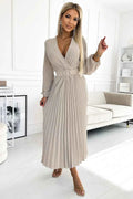 504-2 VIVIANA Rochie midi plisată cu decolteu, mânecă lungă și cordon lat - BEJ
