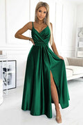 512-1 JULIET rochie lungă elegantă de satin cu decolteu - VERDE STICLĂ
