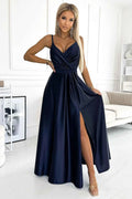 512-2 JULIET rochie lungă elegantă de satin cu decolteu - ALBASTRU MARIN