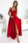 512-5 JULIET rochie lungă elegantă de satin cu decolteu și slit pe picior - ROȘIE