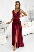 512-6 JULIET rochie lungă elegantă de satin cu decolteu și slit pe picior - VISINIU
