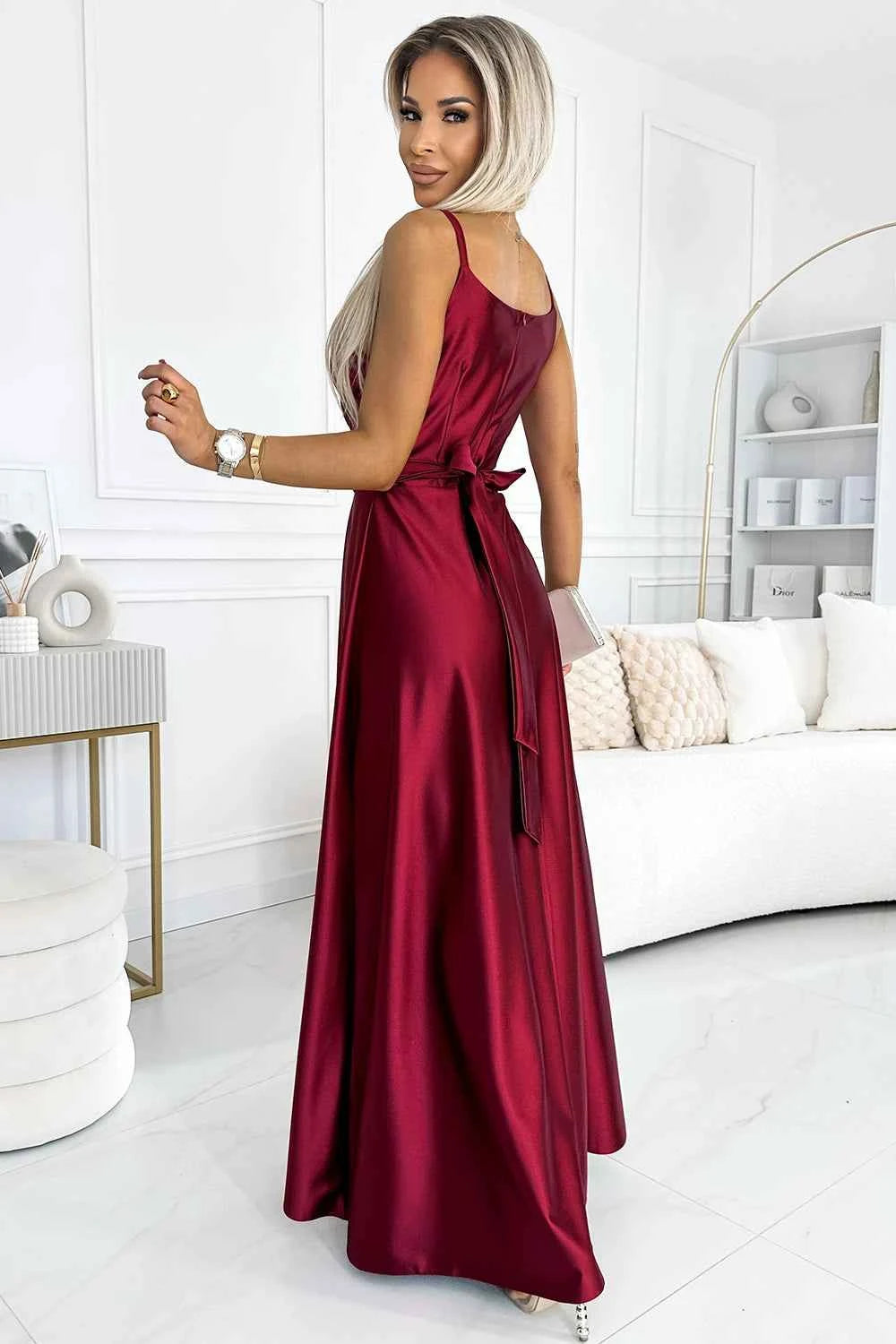 512-6 JULIET rochie lungă elegantă de satin cu decolteu și slit pe picior - VISINIU