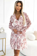 514-1 Rochie din sifon cu decolteu, volane si curea - flori bej