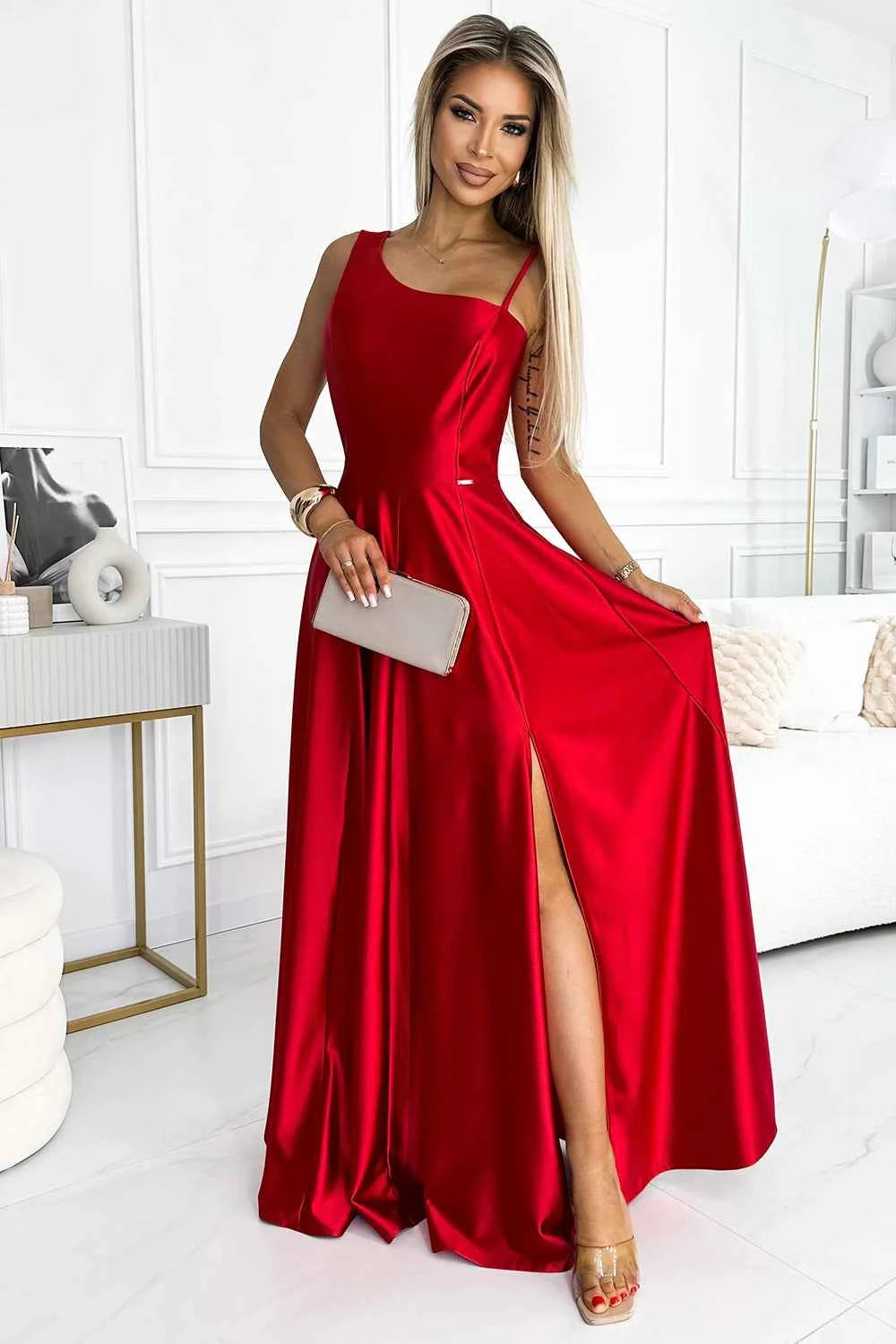 524-1 Rochie lungă elegantă de satin cu un umăr - ROȘIE