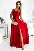 524-1 Rochie lungă elegantă de satin cu un umăr - ROȘIE