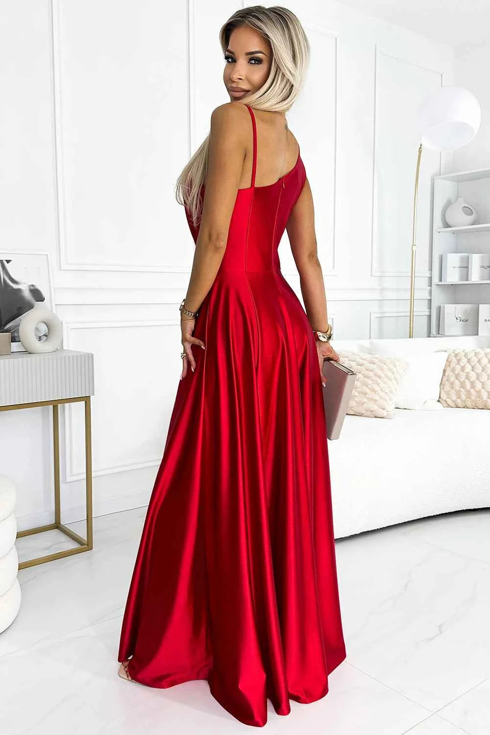 524-1 Rochie lungă elegantă de satin cu un umăr - ROȘIE
