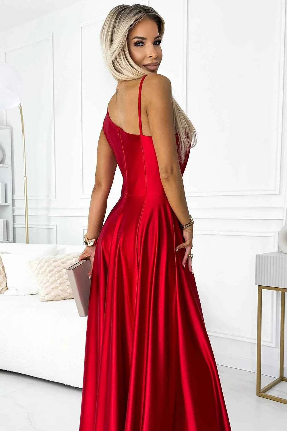524-1 Rochie lungă elegantă de satin cu un umăr - ROȘIE