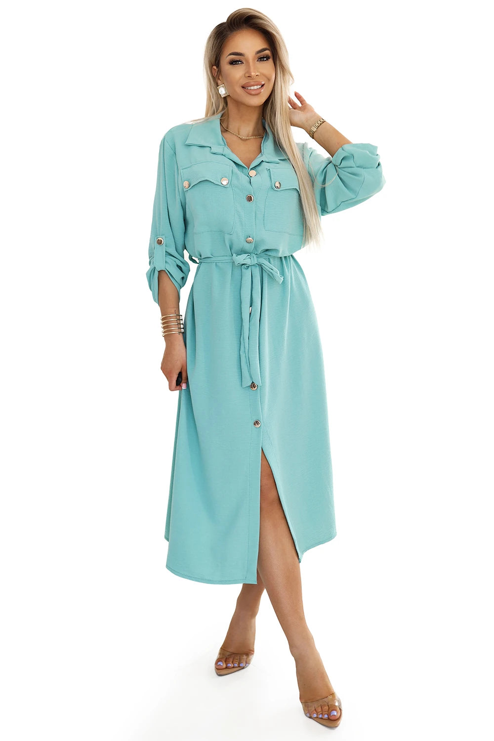 531-2 Rochie camasa midi cu nasturi si cravate aurii - menta