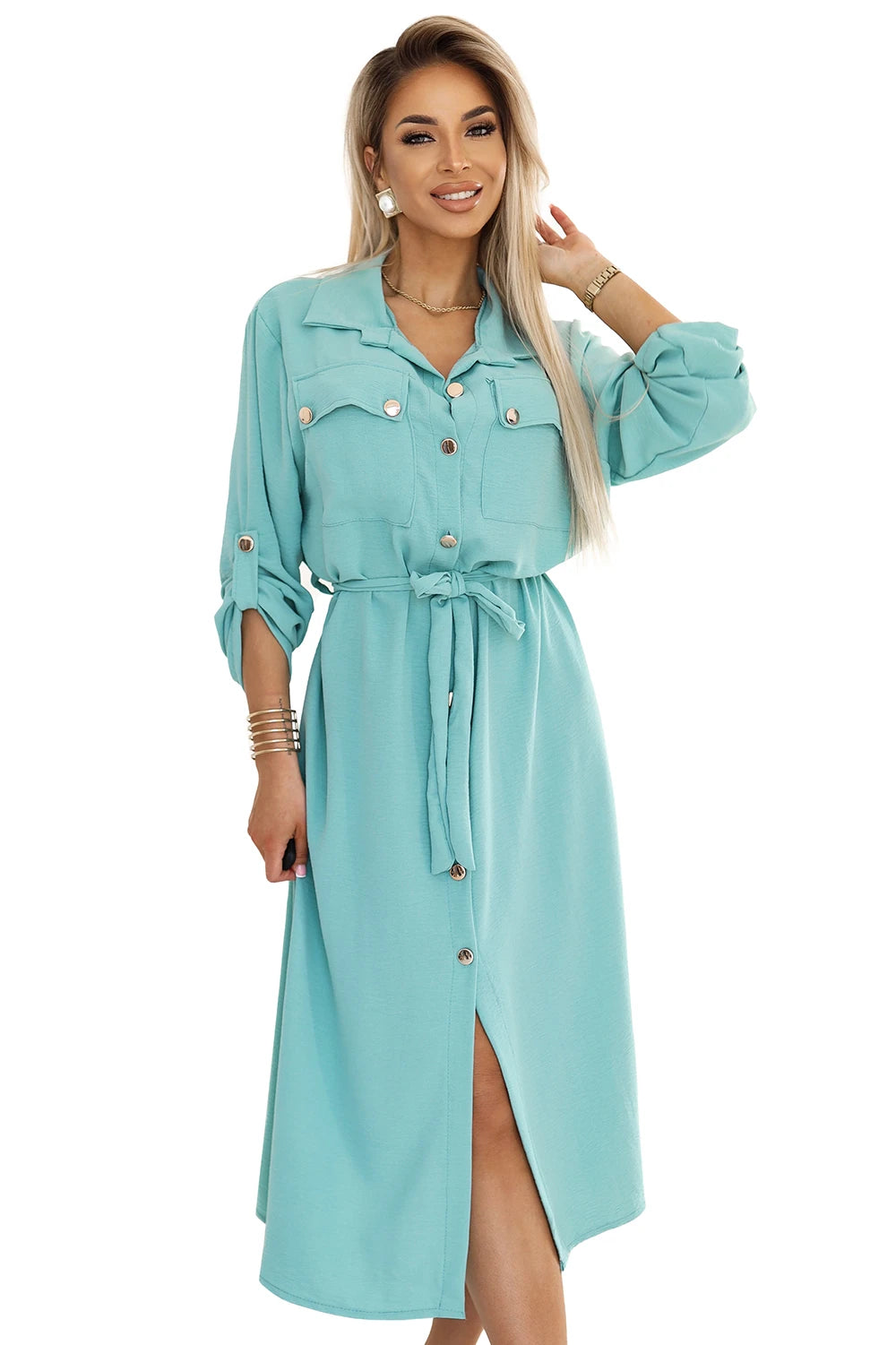 531-2 Rochie camasa midi cu nasturi si cravate aurii - menta
