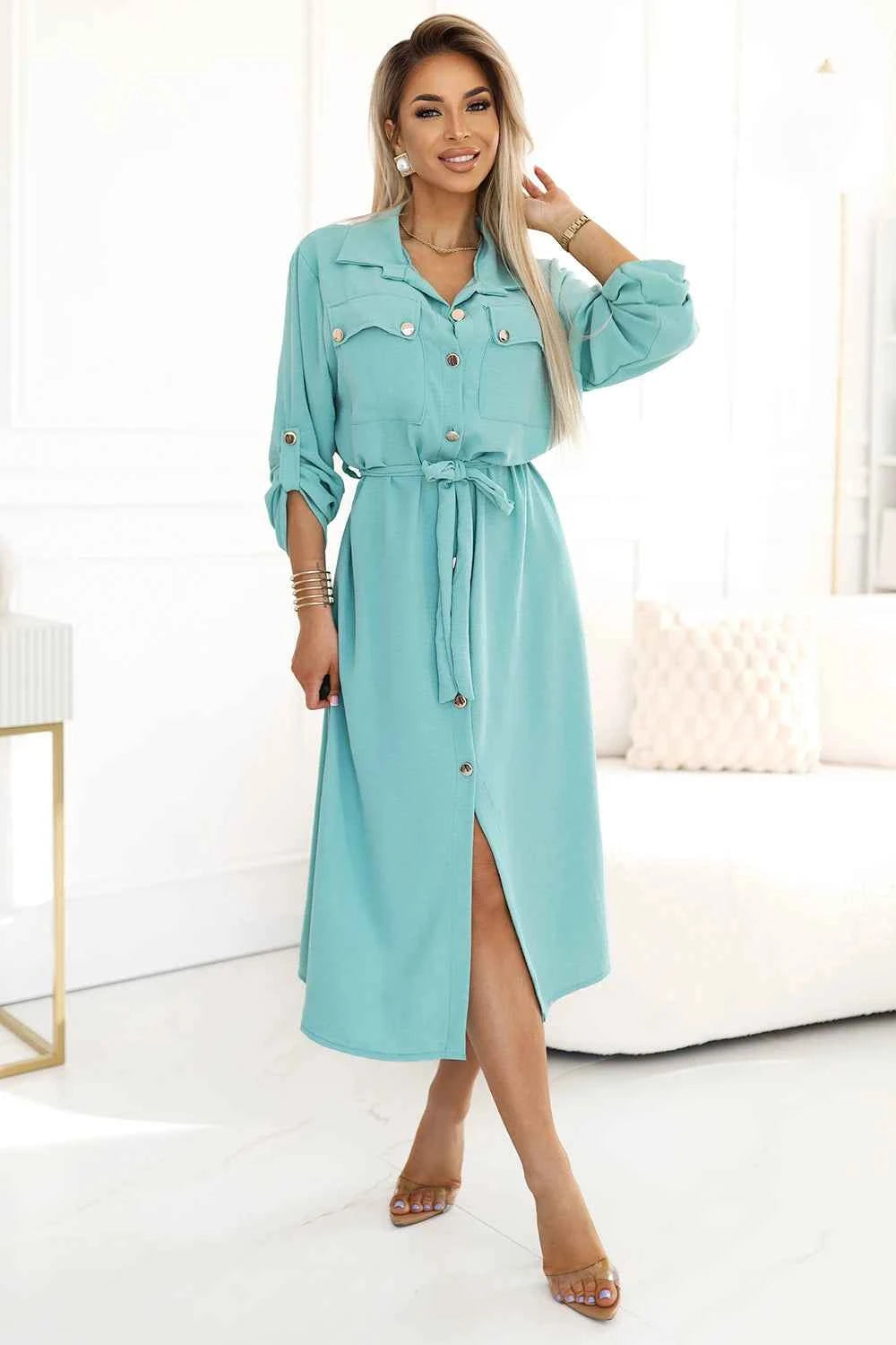 531-2 Rochie camasa midi cu nasturi si cravate aurii - menta